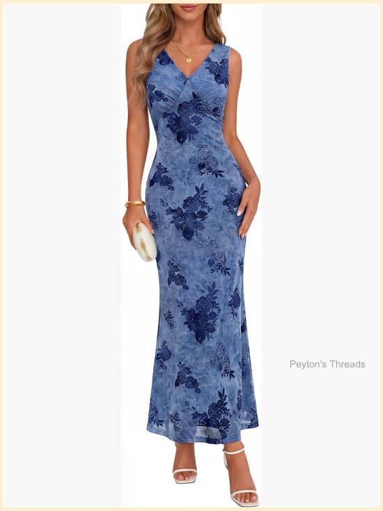 Dresses & Skirts - Sleeveless Floral Bodycon Maxi Dress V-Neck Wedding Guest Cocktail